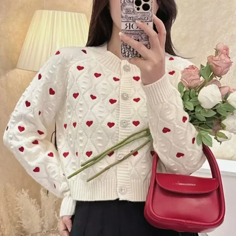 Love Knitted Sweater Cardigan Women Jacquard Long Sleeve O-neck Crop Tops Knitwear Elegant Stylish Fashion Chic Ladies Jumpers