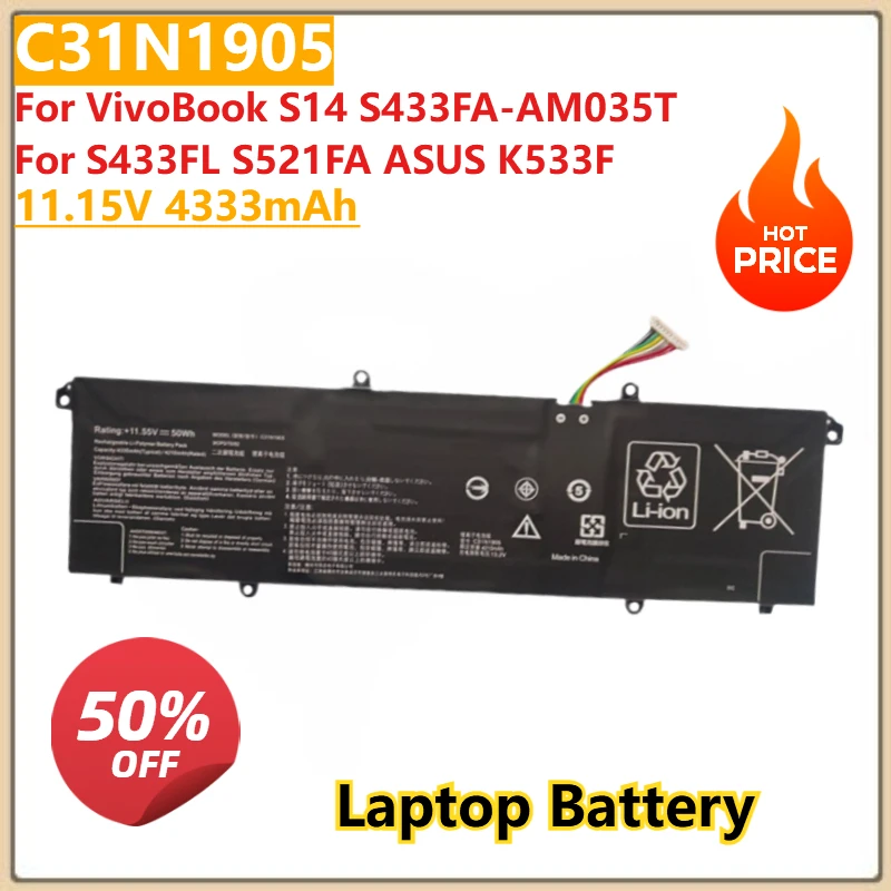 

For VivoBook S14 S433FA-AM035T 11.15V 4333mAh C31N1905 New Replacement Laptop Battery for S433FL S521FA ASUS K533F