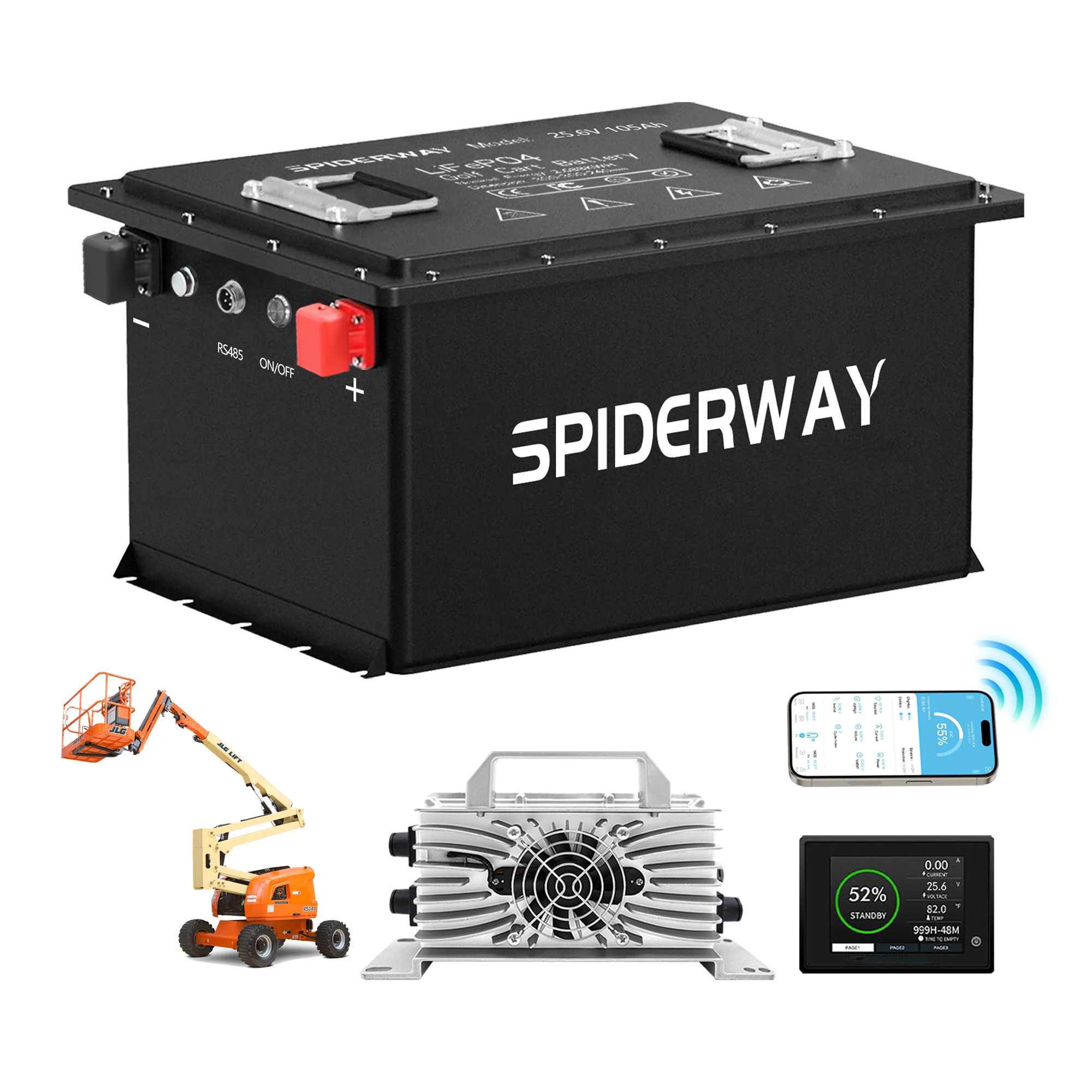 

Литиевая батарея LiFePo4 25,6 В, 105 Ач с зарядным устройством для подъема ножничного подъема Genie, воздушная рабочая платформа