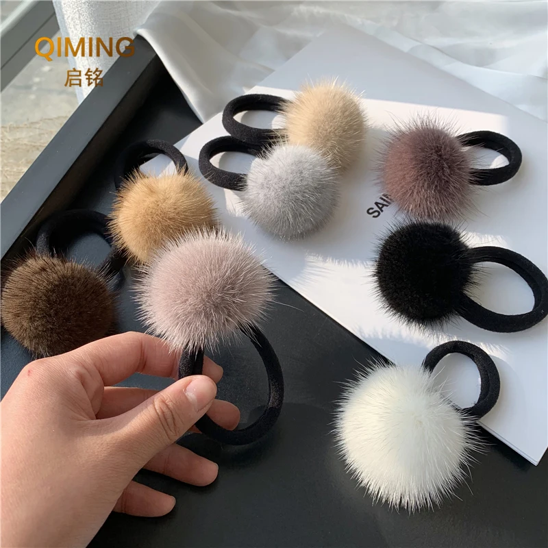 Moda mujer suave pelo de visón Scrunchie cuerda cola de caballo muñequera Vintage bandas elásticas para el cabello cuerda de goma tocado piel Pom