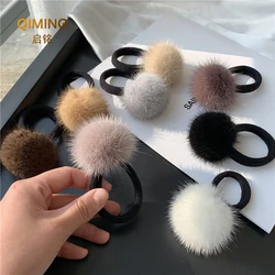 Fashion Women Soft Mink Hair Scrunchie Rope Ponytail Tail Wrist Band Vintage Elastic Hair Bands Rubber Rope Headdress Fur Pom