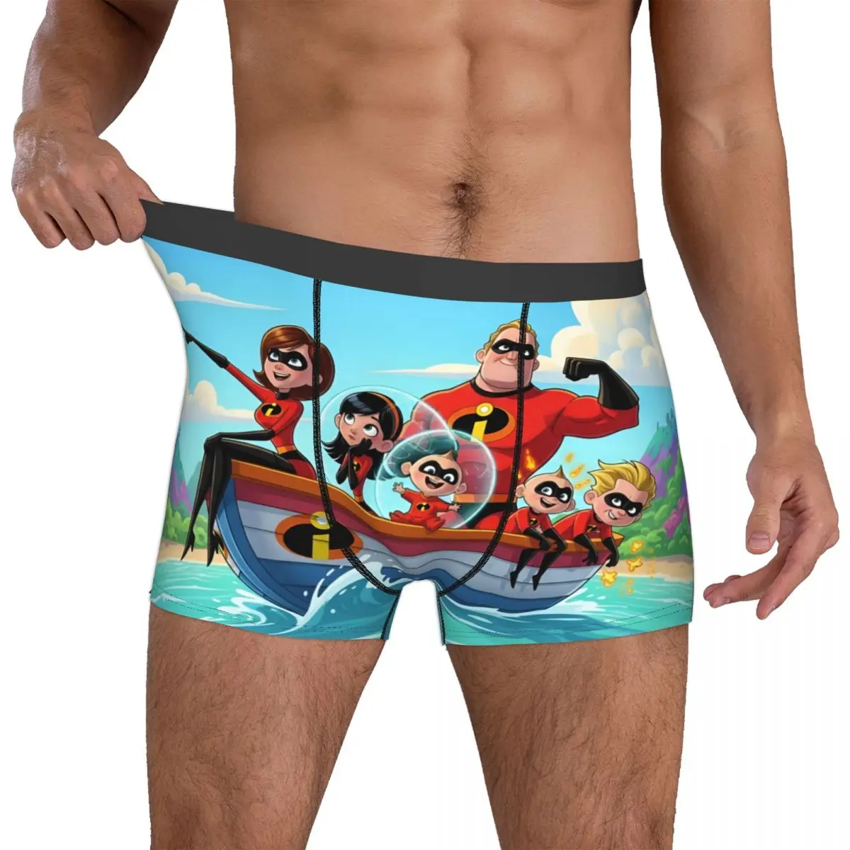 

Мужские трусы-боксеры Custom I-Incredibles: эластичные, мягкие, с принтами Эласти-Гёрл, Вайолет, Дэш, Джек.
