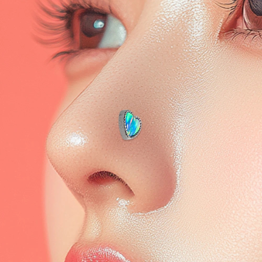 1PC Titanium Opal L Shape Nose Bone Ring Heart Top Threadless Nose Piercing Retainer Holder Nazir Stud Body Piercing Jewelry 20g