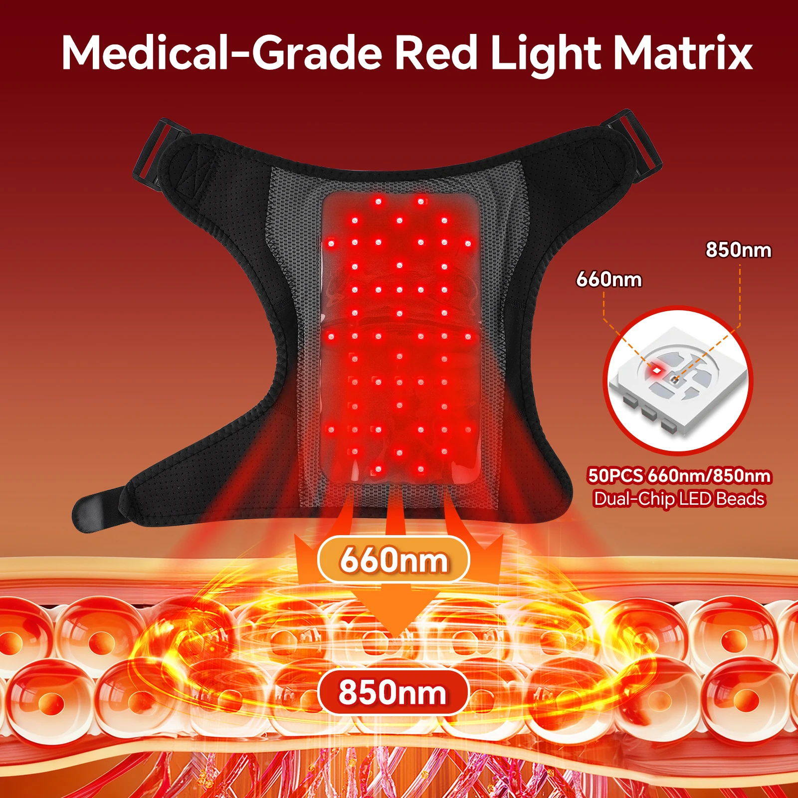 Red Light Shoulder Massager with 660nm & 850nm, 50 LEDs Cordless Shoulder Wrap with Vibration, 3 Modes Timer, XL Size Fits Left Right Shoulder