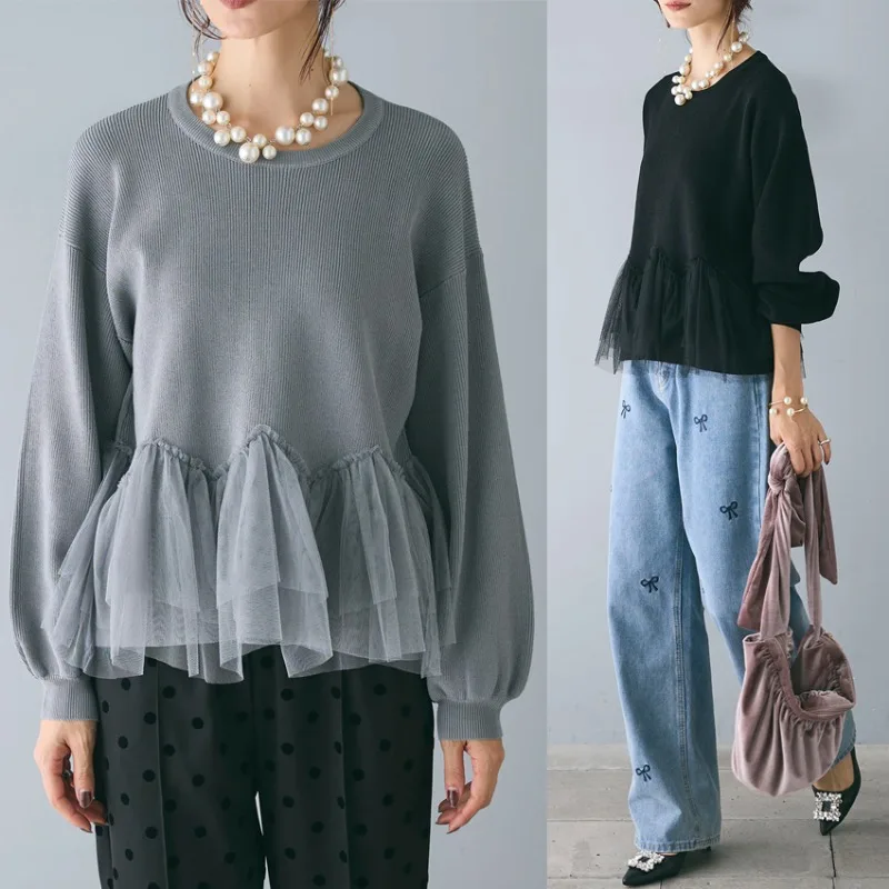 

Женский сетчатый свитер в стиле пэчворк с длинными рукавами, модные повседневные свободные пуловеры в Корейском стиле с круглым вырезом, Осень-зима 2024, свитеры, джемперы