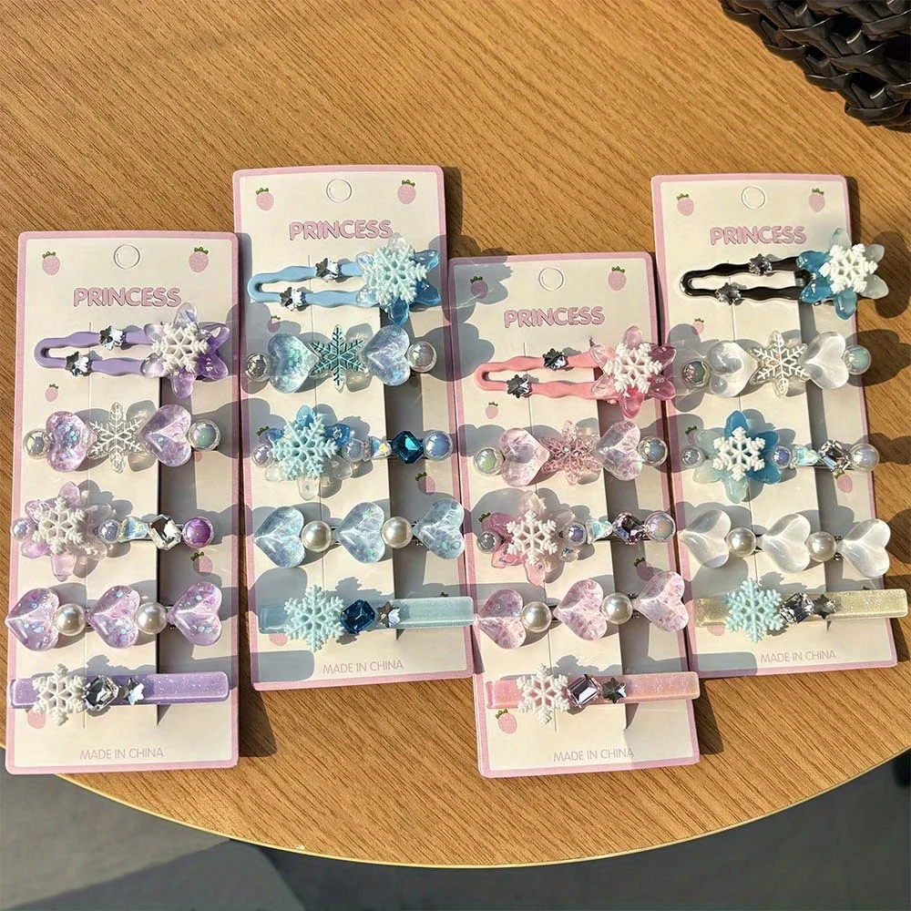 5 Stück Frozen Queen Haarspangen – Kristall-Schneeflocken- und Herz-Seitenclip, Haarschmuck für Babys und Mädchen, Haarnadeln und Clips
