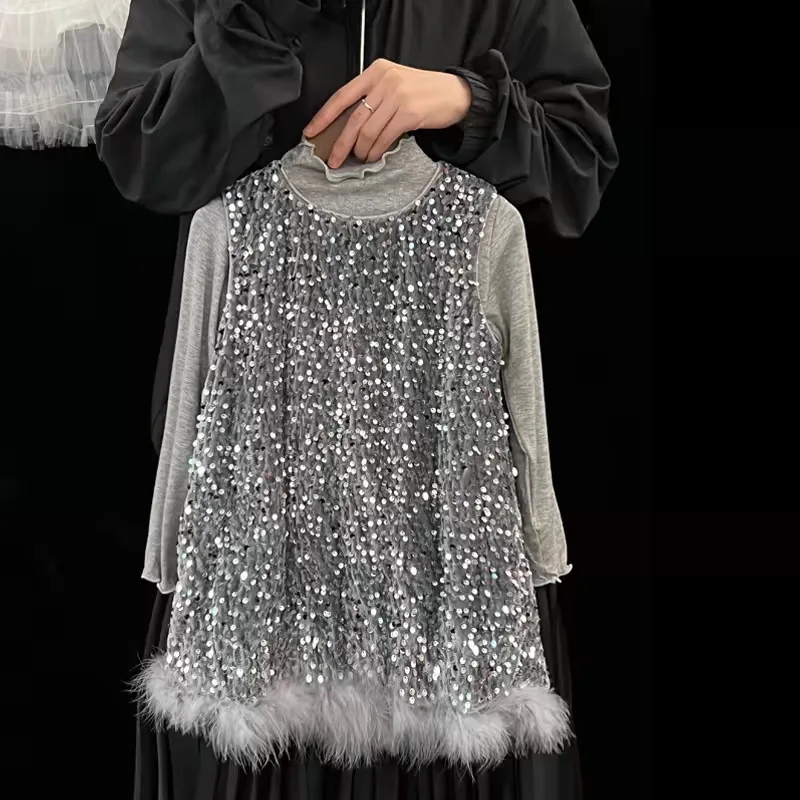 Girls Dress Children Clothing 2025 Spring New Girls Dress Children High-end Sequin Feather Vest Princess Dress