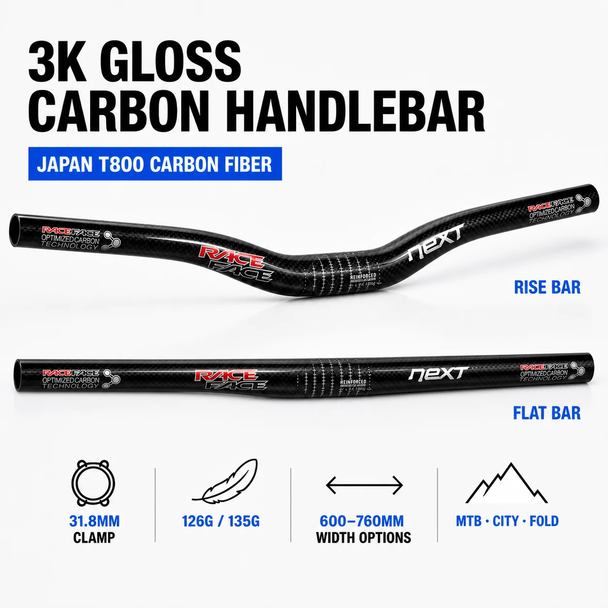 3K Gloss T800 Carbon Fiber MTB Handlebar Flat or Riser Bar 31.8mm Clamp 600-760mm Lightweight for Mountain City Folding Bike