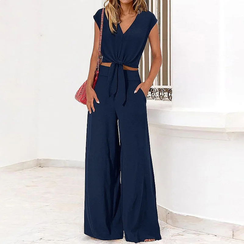 

Women's Summer Tops Blouse Tee V Neck Tie Front Cropped Top High Waist Slim Wide Leg Pants Matching Set Jumpsuit Playsuit