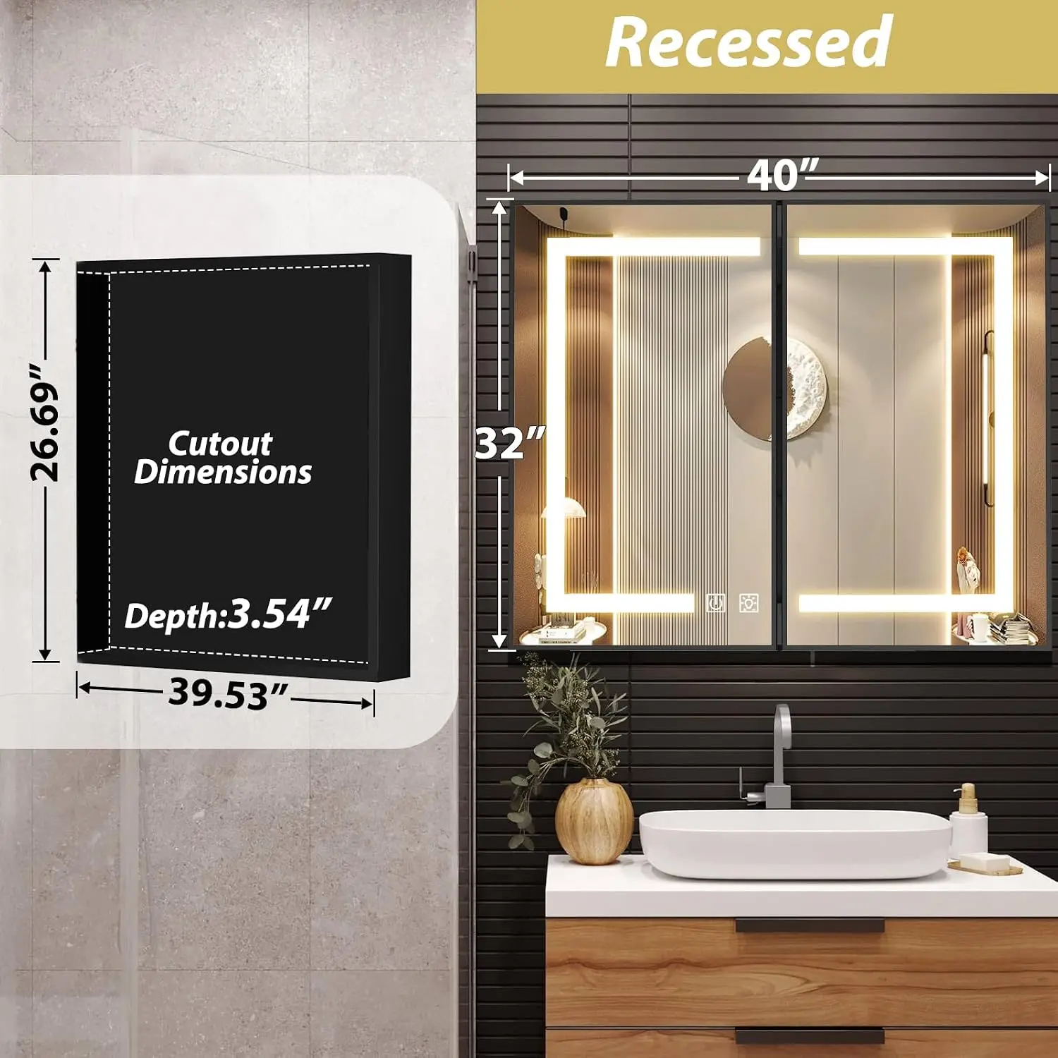 40x32 Inch Lighted Bathroom Medicine Cabinet, Black Recessed or Surface Mount, Storage & LED Mirror, 3 Color Temp Dimmable, Cust
