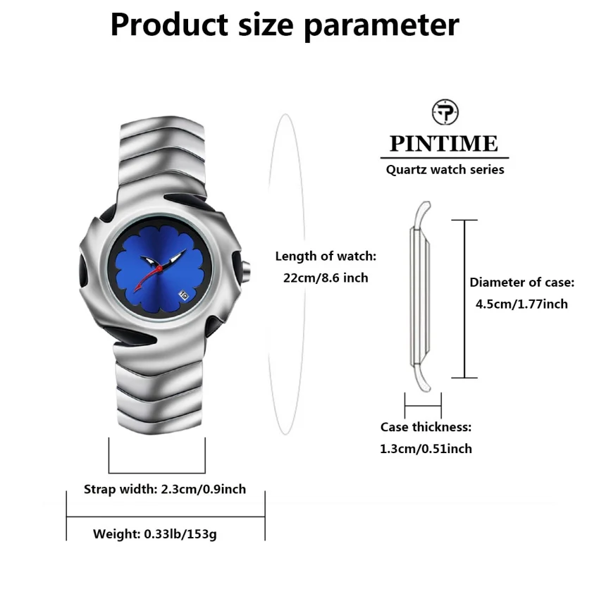 Men Quartz Wristwatch Unique Irregular Curved Metal Case Blue Flower Dial Date Calendar Fashion Male Wrist Clock