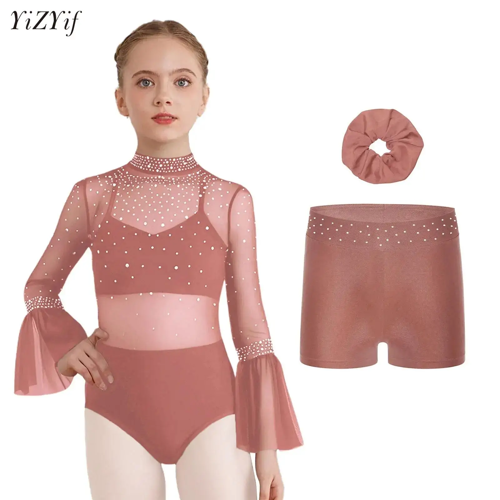 

Kids Girls Figure Skating Rhythmic Gymnastics Performance Costume Flare Sleeve Rhinestone Ballet Dance Leotard+Shorts+Headwear