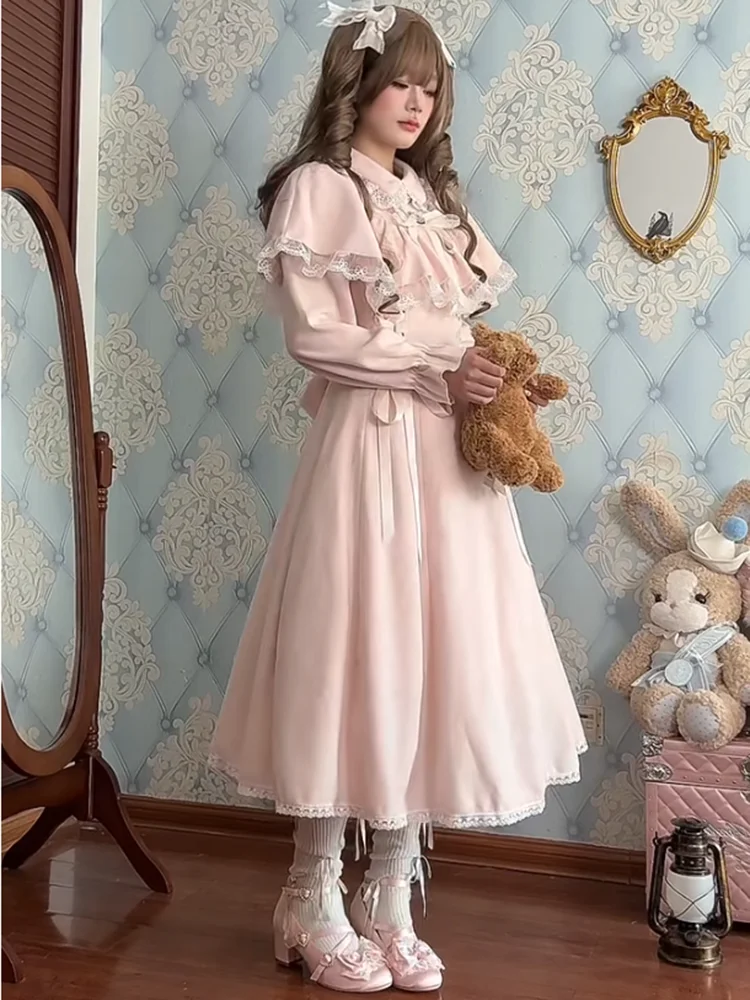 لوليتا Kawaii مقوس دانتيل ضمادة فستان فرنسي أنيق الحلو فستان الأميرة المرأة الخريف الكورية موضة خمر الوردي ميدي فستان #6