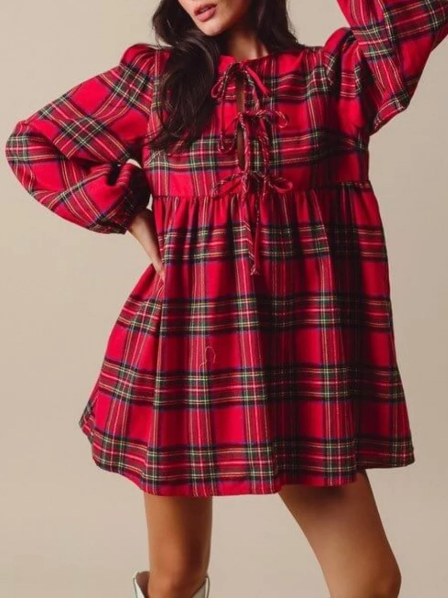 レディースレッドチェック柄蝶ネクタイクリスマスドレスフリルカジュアルベビードールミニドレス長袖パーティーフォトシュートシフトドレス