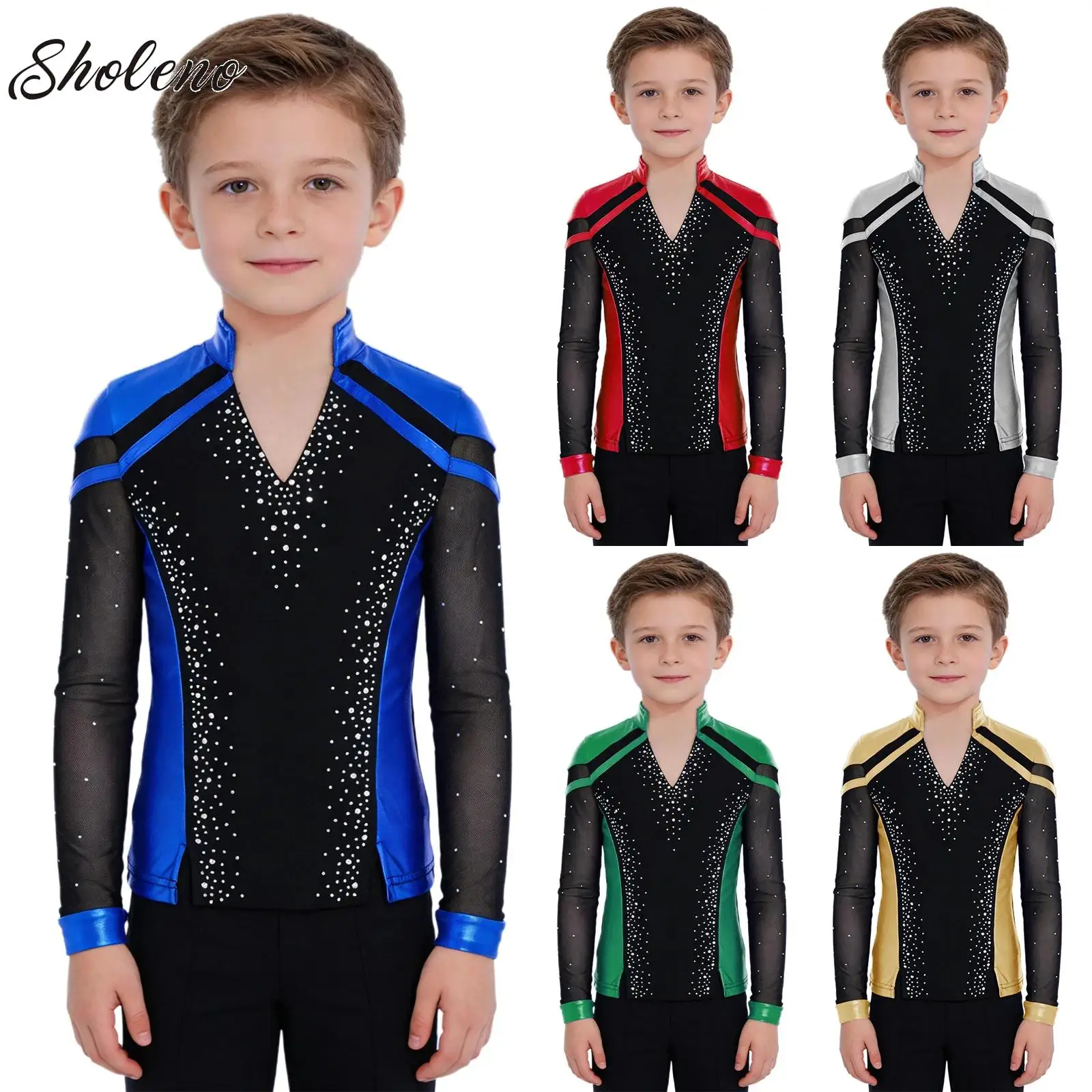 

Kids Boys Figure Skating Latin Dance Tango Cha-cha Performance Costume Metallic V-Neck Long Sleeve Rhinestones T-Shirts Top