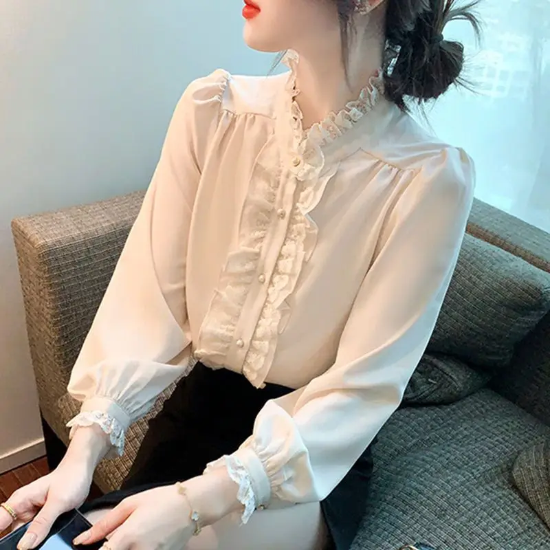 Spring Autumn New Fashion Stand Collar Long Sleeve Blouse Women\'s Clothing Ruffles Pleated French Style Fairy Sweet Chic Shirts