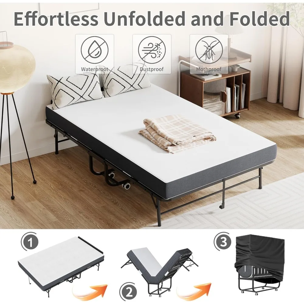 سرير قابل للطي مع مرتبة، سرير قابل للطي مقاس 74 × 46 للبالغين، سرير مزدوج محمول مع لوح رأسي وإطار معدني قوي #4