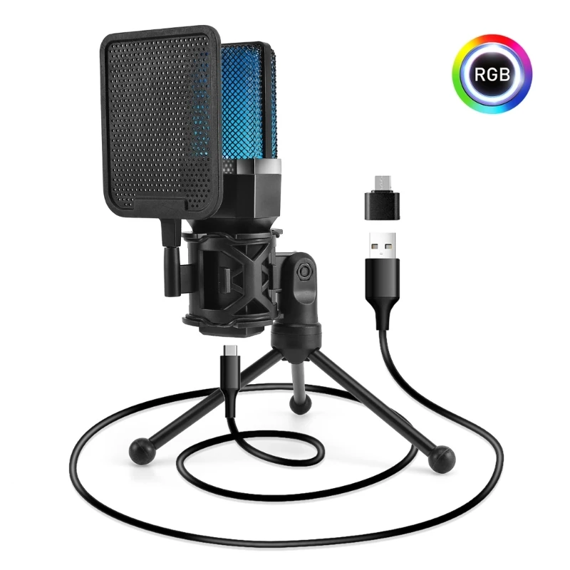 R91A Upgrades Desktop Microphone Set 7 Color LED USB Plugs & Plays Connectivity Versatile Condenser Microphone with Stand