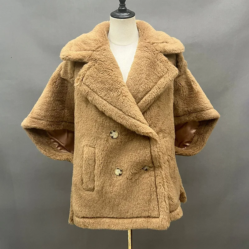 2024 novo design de lã real teddy casaco curto moda jaquetas inverno pele natural manga curta poncho