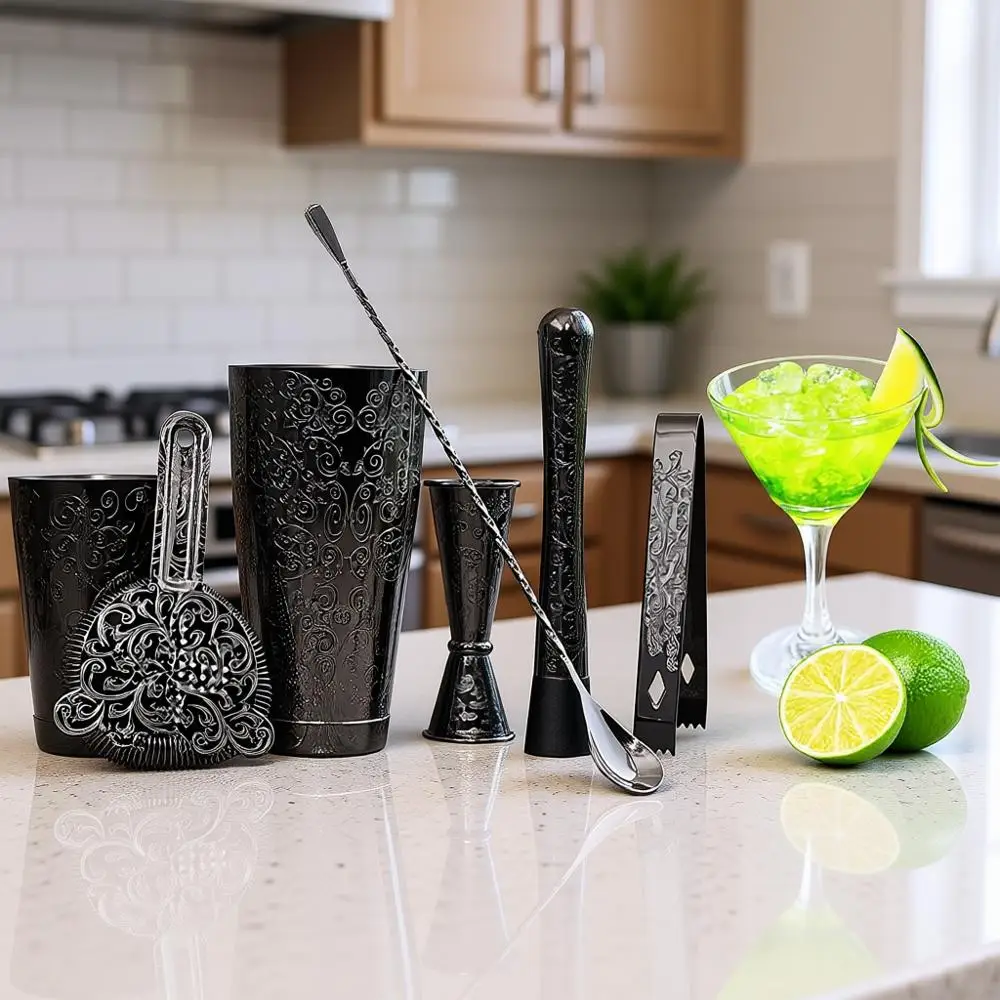 

Cocktail Shaker Set-7 Pieces Stainless Steel Black Plated Bar Tools with Boston Shaker Tins, Mixing Spoon, Mojito Muddler, Doubl