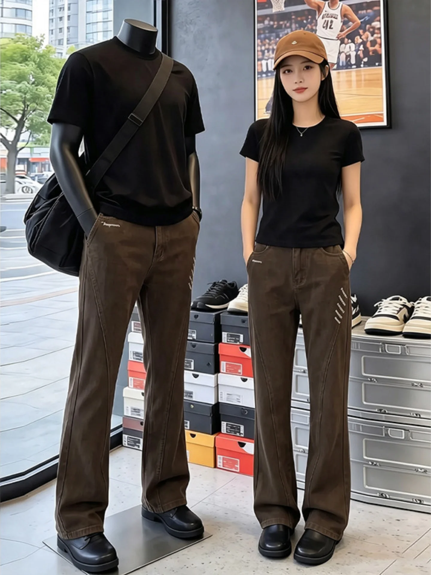 American Style Brown Slant Cut Flared Jeans Men's Loose Straight Leg Long Pants Autumn Season Casual Wear Youth Fashion
