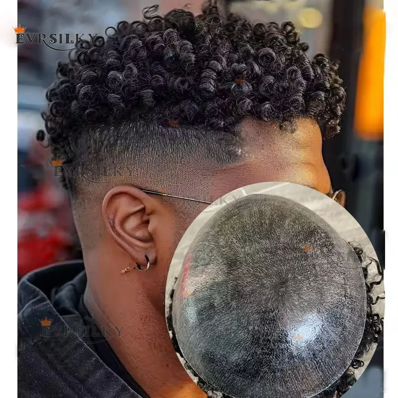 

15 мм вьющиеся афро черные коричневые 100% человеческие волосы протези капиллярные # 1B20 # 1B65 Серый мужской прочный парик из полной кожи, мужской парик