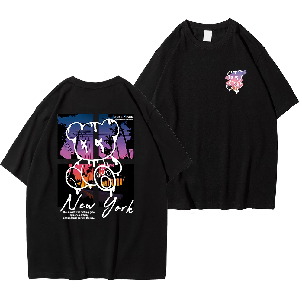 

New York Art Word Cartoon Bear Sunset Scenery Design Printed T Shirts Men Fashion Casual Shirt Loose Summer Street Oversized Tee