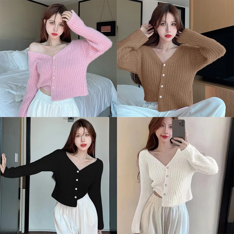 Autumn Winter Elegant Imitation Mink Pearl Buckle Sweater Women\'s Design Sense Short Knitted Cardigan Slim-Fit Warm Top