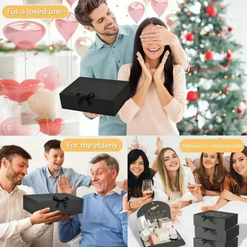 5 Stück schwarze Geschenkboxen mit Deckel, luxuriöse schwarz-rosa Geschenkboxen mit Schleife, Boxen für den Trauzeugen, Brautjungfernboxen, Abschlussgeschenke. – Detail 5
