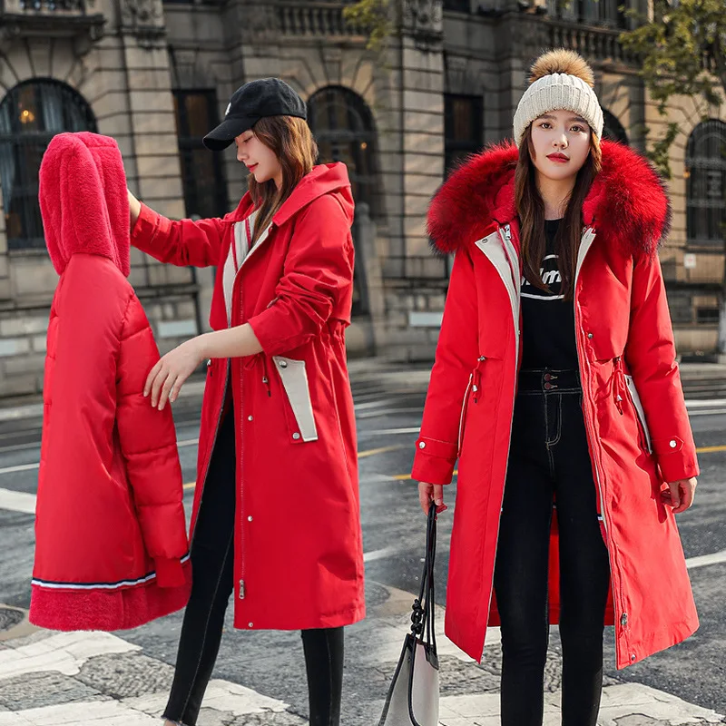 Parkas Coats Women Mid Length Jackets Detachable Big Fur Collar Hooded Drawstring Pocket Zipper Waist Cinched Casual 2025 Winter