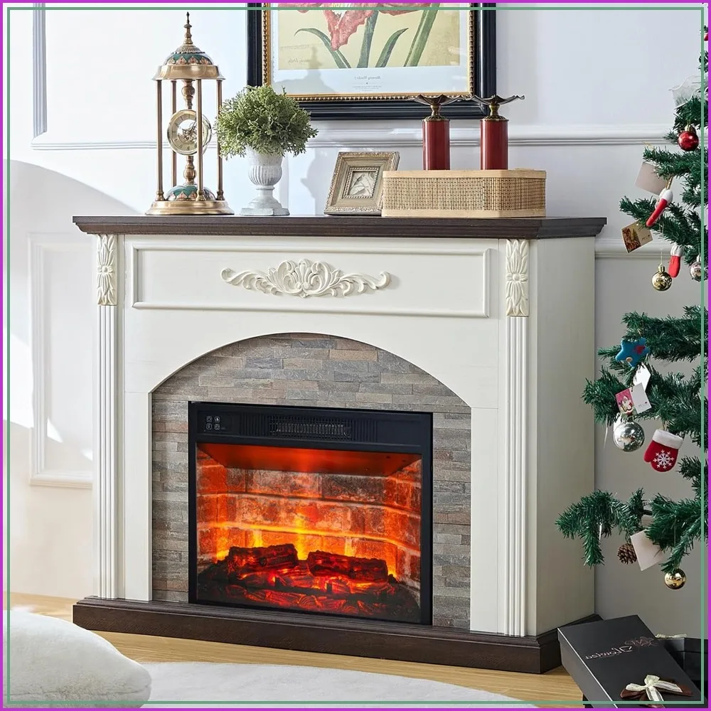 44 Inch Electric Fireplace with Mantel, White Heater, LED Flame, 23 Inch Red Brick Insert