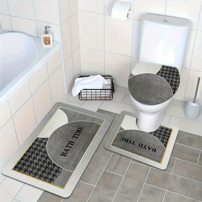 3-Piece Bathroom Set Non-Slip, Lightweight - Hand Washable Flat Woven Medium Pile Bath Mat, Contour Rug and Toilet Lid Cover