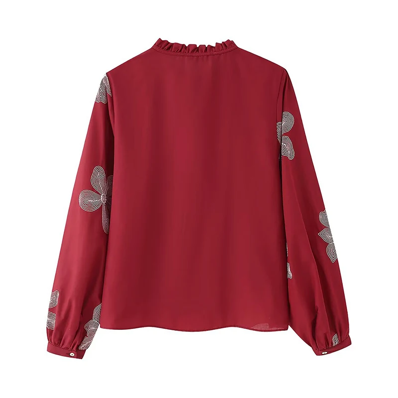 Primavera 2025 blusa de camisa con bordado floral y cuello en V de manga larga para mujer