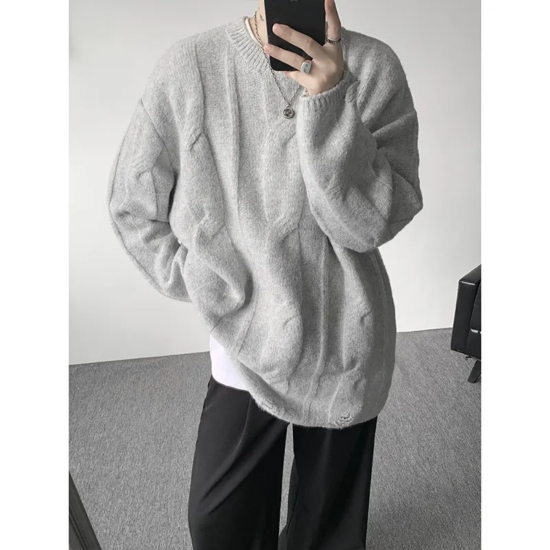 

Retro American Men's Knitted Sweater Autumn Winter Design Sense Hole High Street Lazy Sle Old Money Sle Bot Destruction
