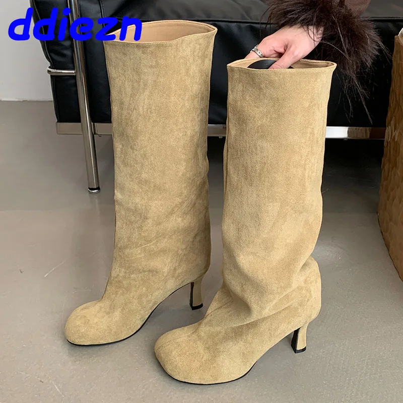 

Fashion Flock Footwear With Female Heels Shoes Women Knee High Modern Boots Round Toe Ladies Long Booties Slip On Shoes