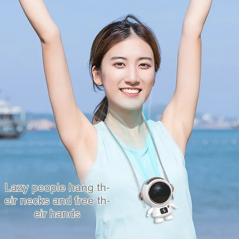 New Mini USB Charging Hanging Neck Handheld Astronaut Small Electric Fan with No Blades, Five Speed Portable Cartoon Astronaut