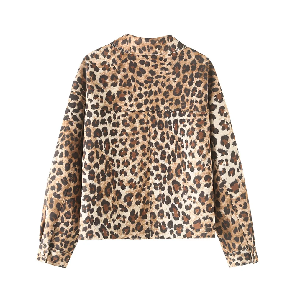 PB&ZA 2024 Early Autumn New Women\'s Casual Fashion Pocket Decoration All-match Leopard Print Long Sleeve Lapel Shirt