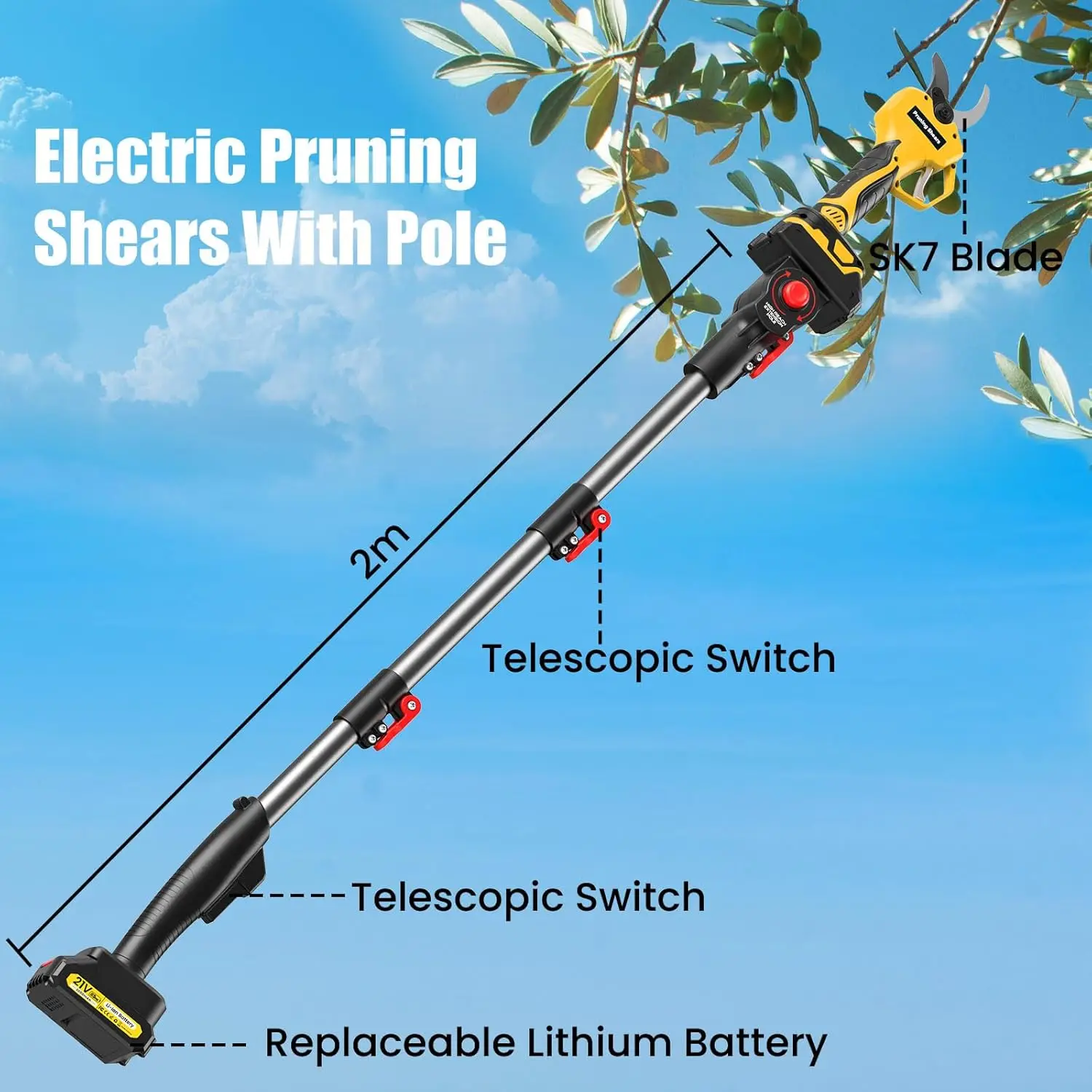 مقصات تشذيب كهربائية بمحرك بدون فرش ، مقصات تشذيب بقطب 8 أقدام ، قطر قطع أقصى ، 2 بوصة ، 50 ، 21 فولت ، 2 * 2Ah ، W ، تم اختبارها #3