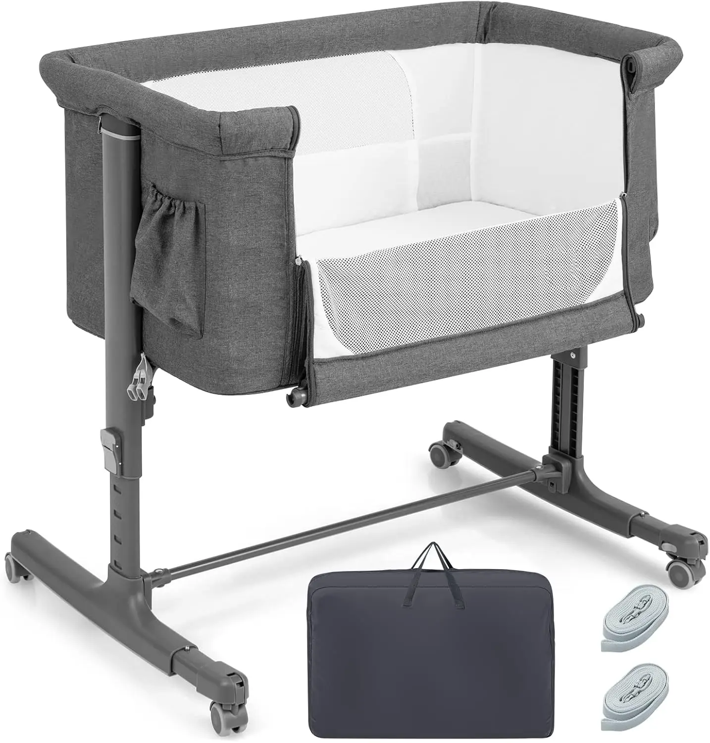 Baby Bassinet Bedside Sleeper, 3-in-1 Easy Folding Portable Crib for Baby with Wheels, 5 Adjustable Heights