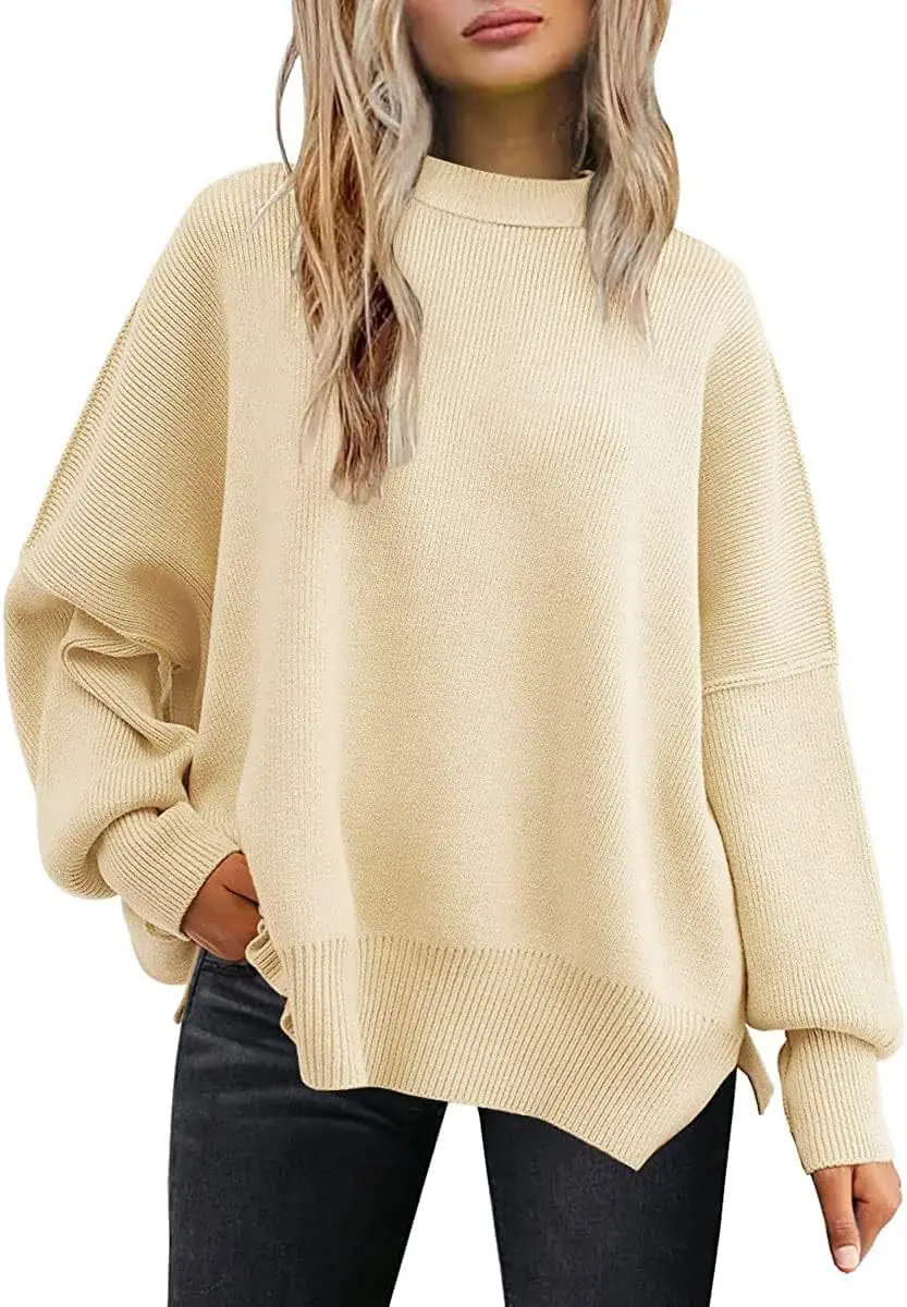 Maglione a maniche lunghe con scollo rotondo e ala di pipistrello per donna Autunno Inverno Nuovo pullover con spacco laterale lavorato a maglia Top alla moda per le donne