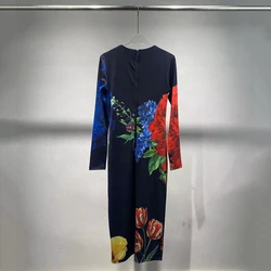 Fashion Floral Printing Women Dress Y2k Temperament Elegant Commuter Round Neck Long Sleeve Long Dresses 2024 Fall / Winter New