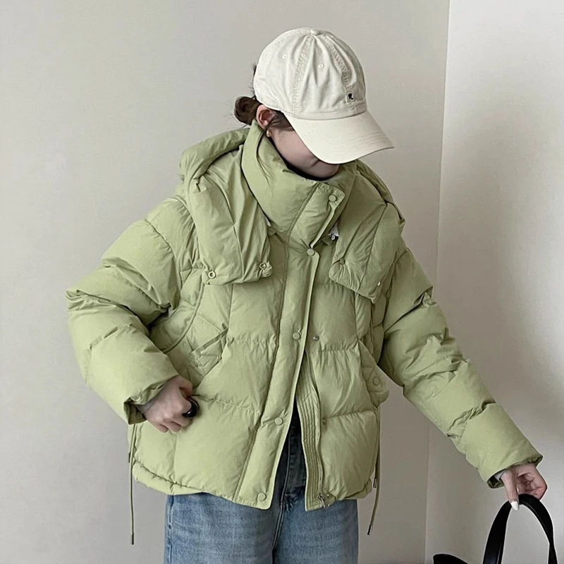 الشتاء انفصال مقنعين قصيرة الدافئة أسفل سترة المرأة الأبيض بطة أسفل باركر أبلى الإناث سميكة فضفاضة سترات بسحاب عادية