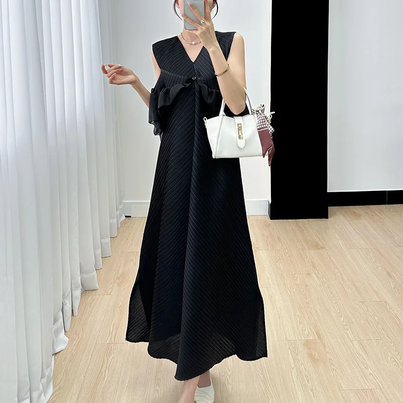 Ata Yake-Robe plissée noire à col en V, haut en fibre précieuse, fouet au design élégant et minimaliste, style français Hepburn