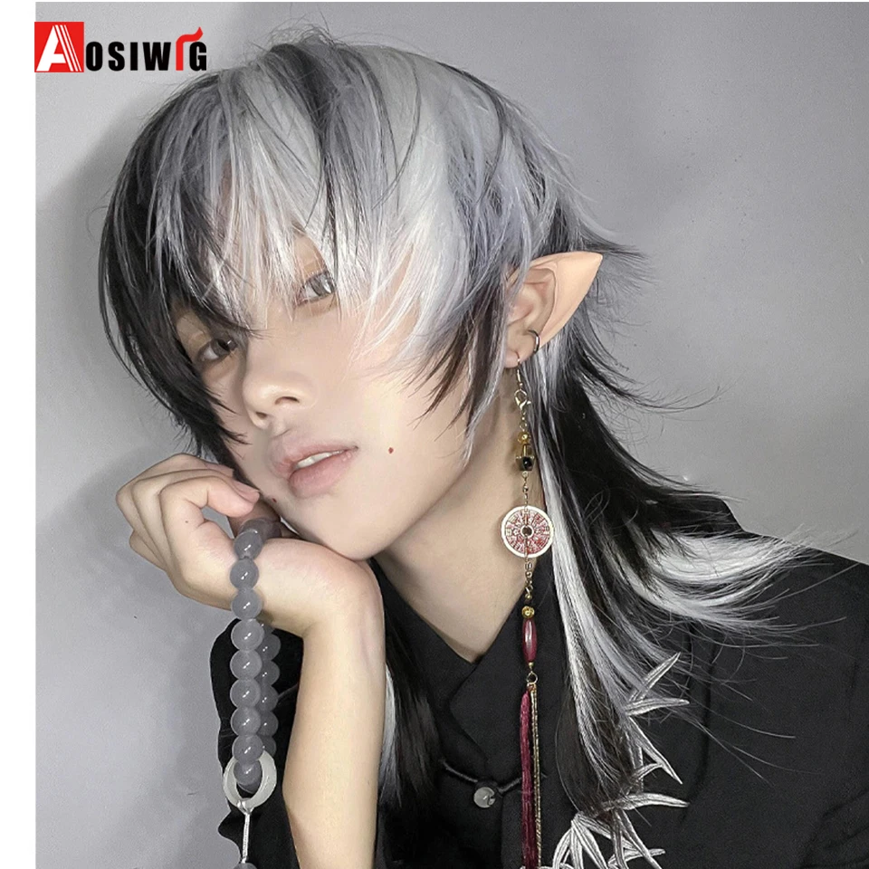 AOSI  Synthetic Short Straight Mullet Head Wigs with Bangs Anime Men Black White Gray Green Hair Wig for Daily Party Cosplay