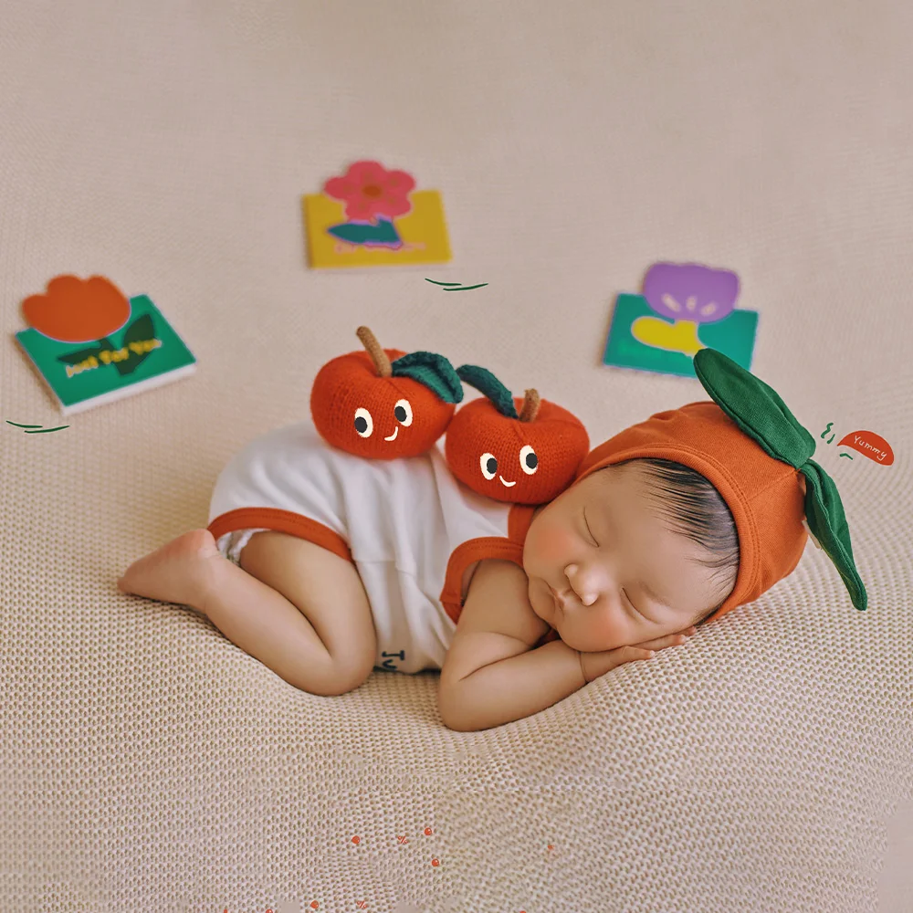 Newborn Summer Clothing Cotton Baby Bodysuit Apple Hat Photography Outfits Apple Doll 0 Month Infant Photo Shoot Decorate Props