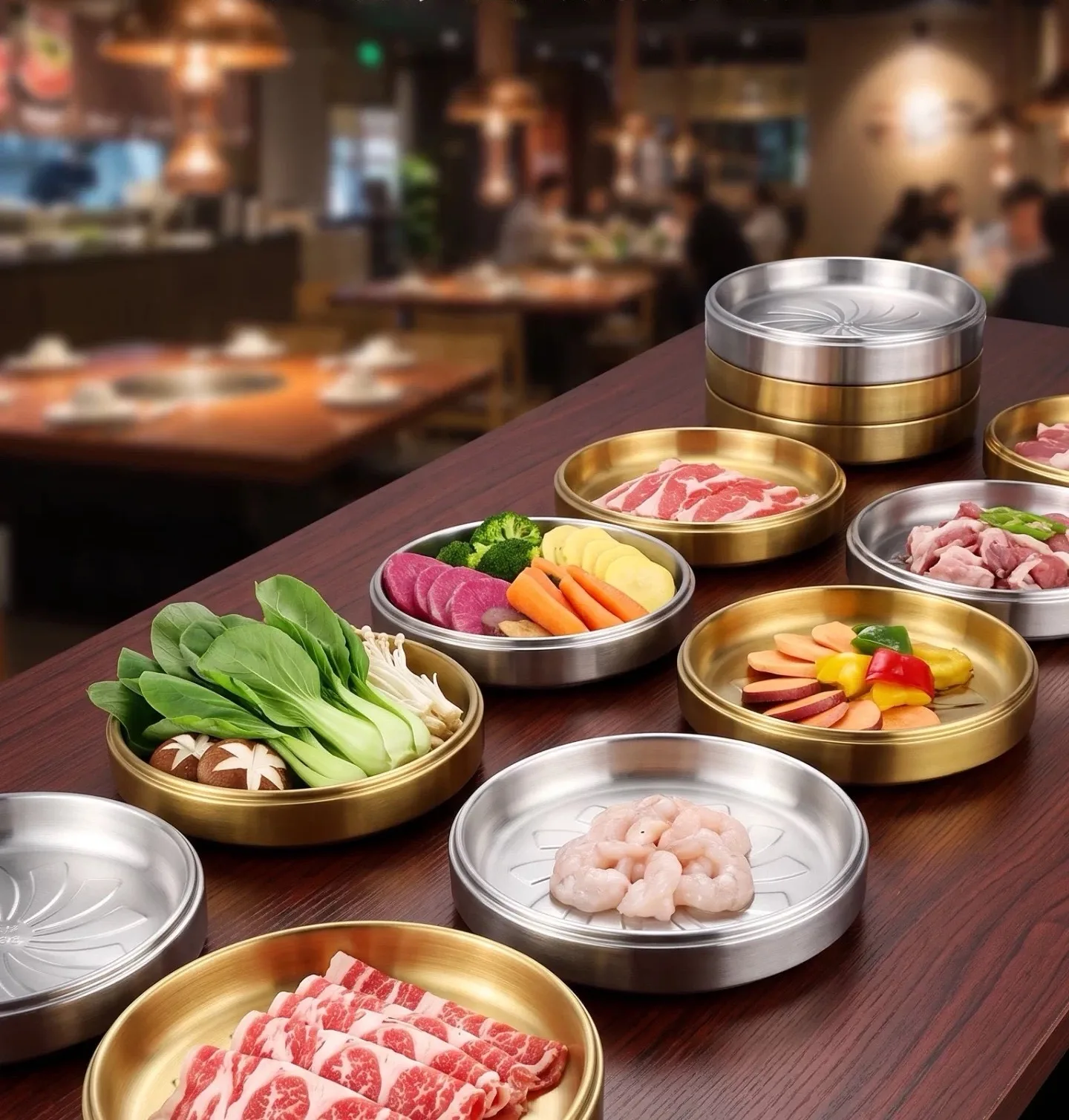 Korean-style hot pot preparation tray, 304 stainless steel, stackable multi-layer barbecue round plate, gold-colored buffet presentation plate, 4pcs