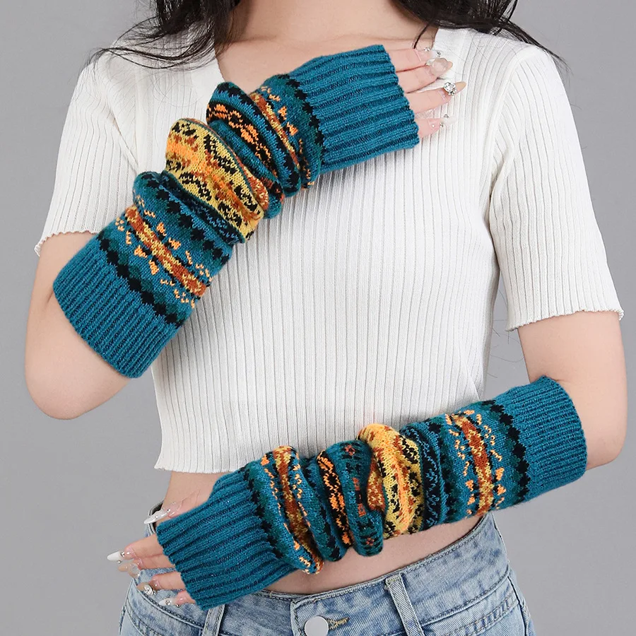 Aquecedores de pernas estilo boêmio espessos de outono e inverno para mulheres; aquecedores de braço com comprimento estendido para manter os dedos expostos