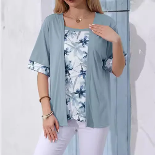 5XL Plus Size Women T Shirt Short Sleeve Retro Floral Print Fake Two Pieces Shirts Patchwork Summer Casual Square Collar Tee Top — zdjęcie 5