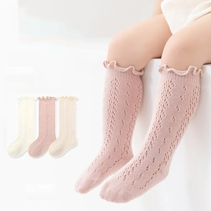 3 Pairs Baby Girls Socks Summer Solid Lace Knee High Frilly Sock Infant Newborn Soft Cotton Long Mesh Socken