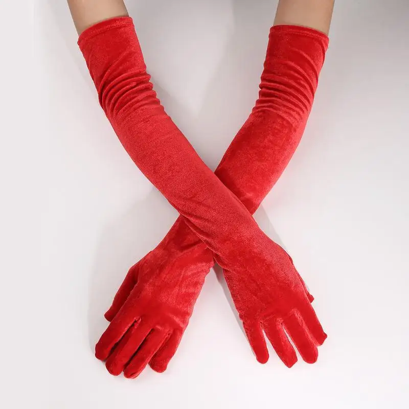 1 Paar flauschige, elegante, einfarbige Samthandschuhe für Damen, 53 cm lang, mit vollem Fingerbereich, für Abendkleider, Etikette, Bühnenauftritte und Partys – Detail 19